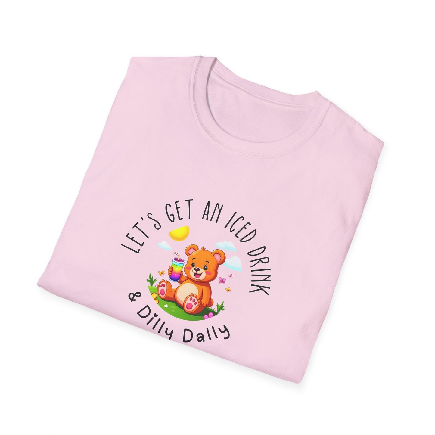 "Let's Get an Iced Drink and Dilly Dally" - T-Shirt, Family Outing Tee, Bear Graphic Top, Gift for Friends, Casual Summer Wear