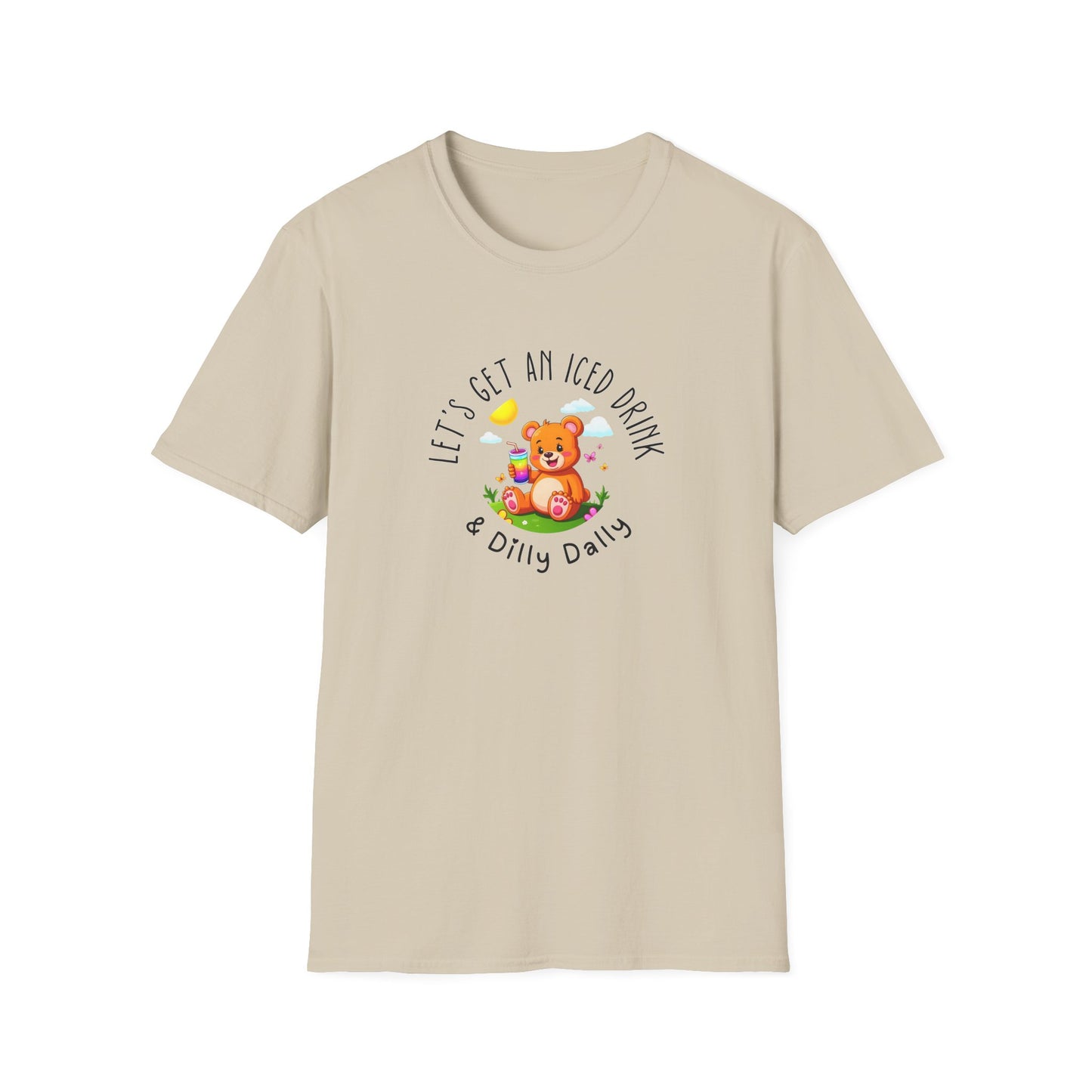 "Let's Get an Iced Drink and Dilly Dally" - T-Shirt, Family Outing Tee, Bear Graphic Top, Gift for Friends, Casual Summer Wear