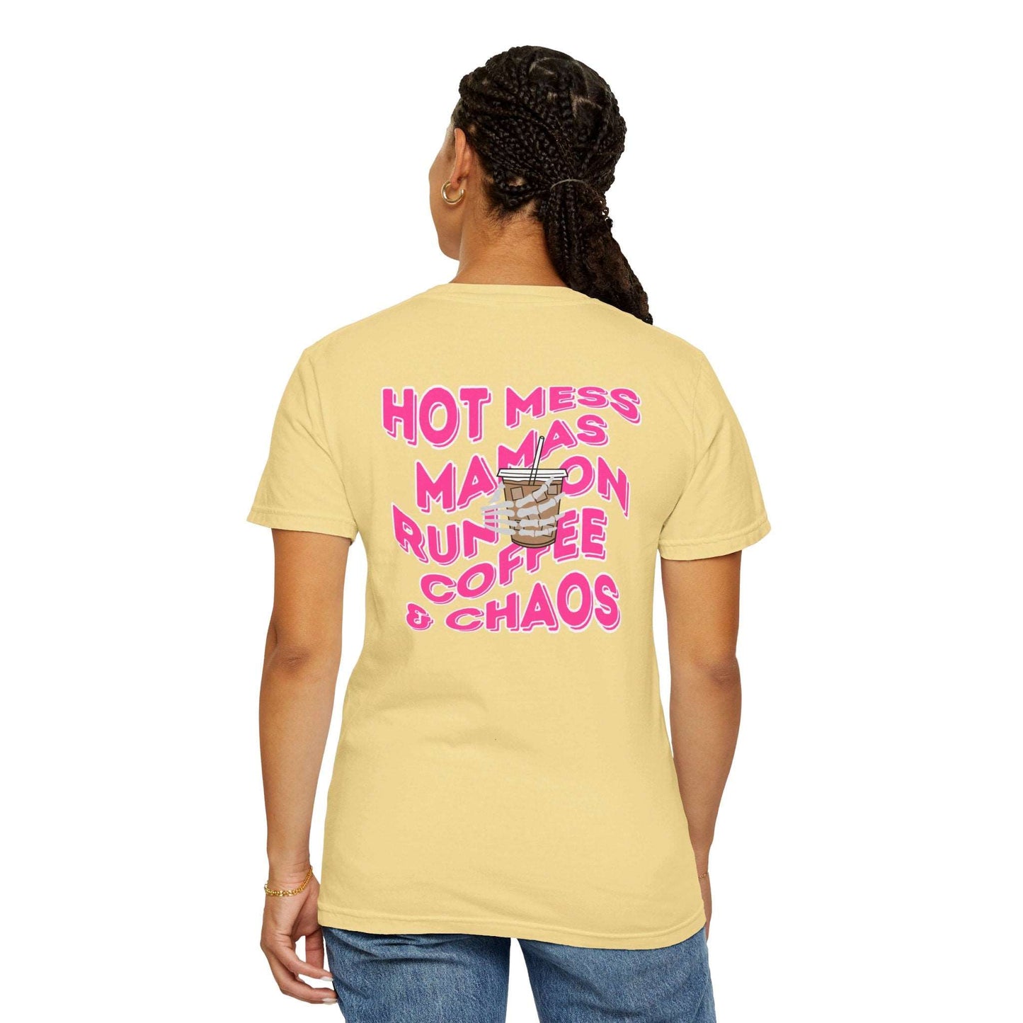 Coffee and Chaos - Unisex Garment-Dyed Faux Pocket T-Shirt