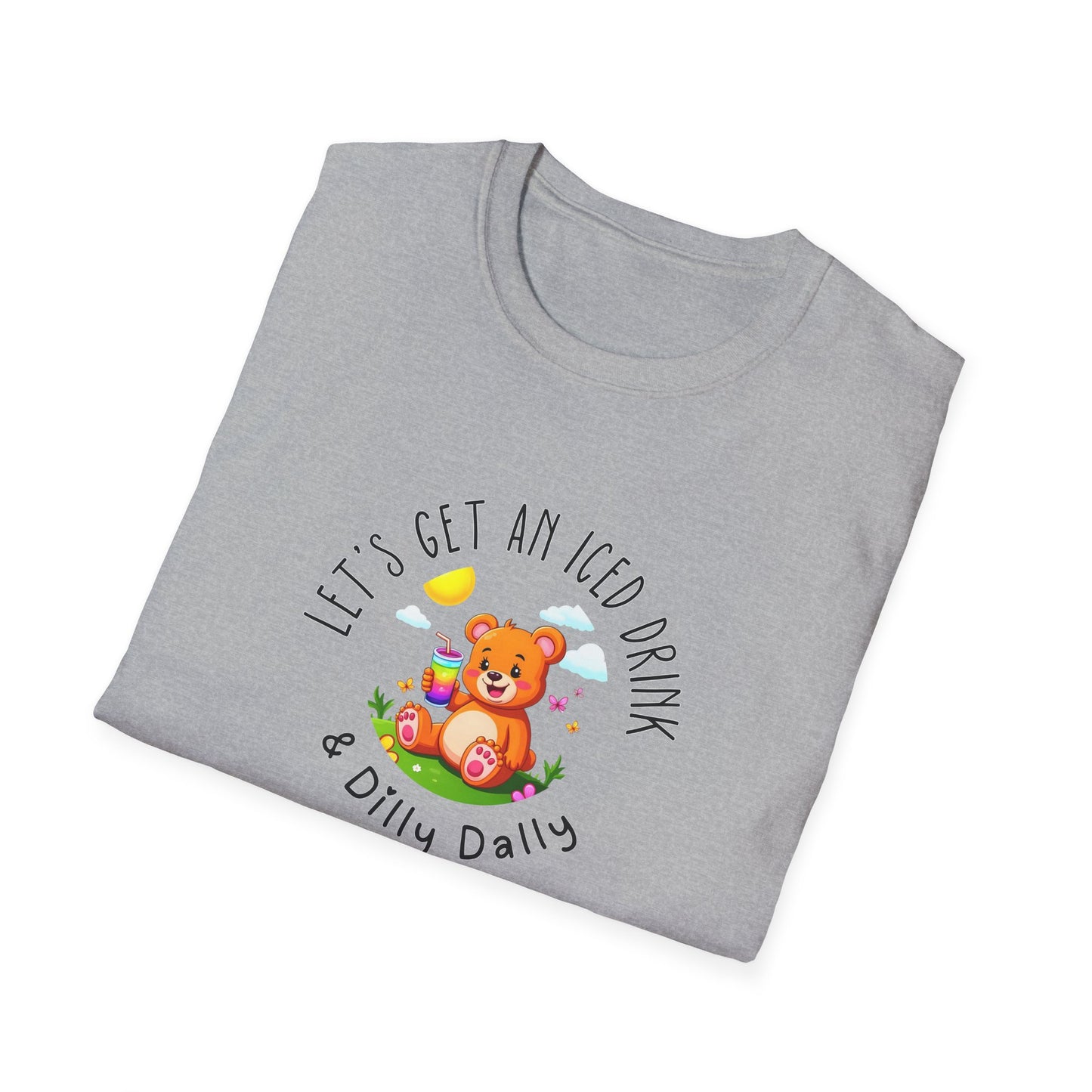 "Let's Get an Iced Drink and Dilly Dally" - T-Shirt, Family Outing Tee, Bear Graphic Top, Gift for Friends, Casual Summer Wear
