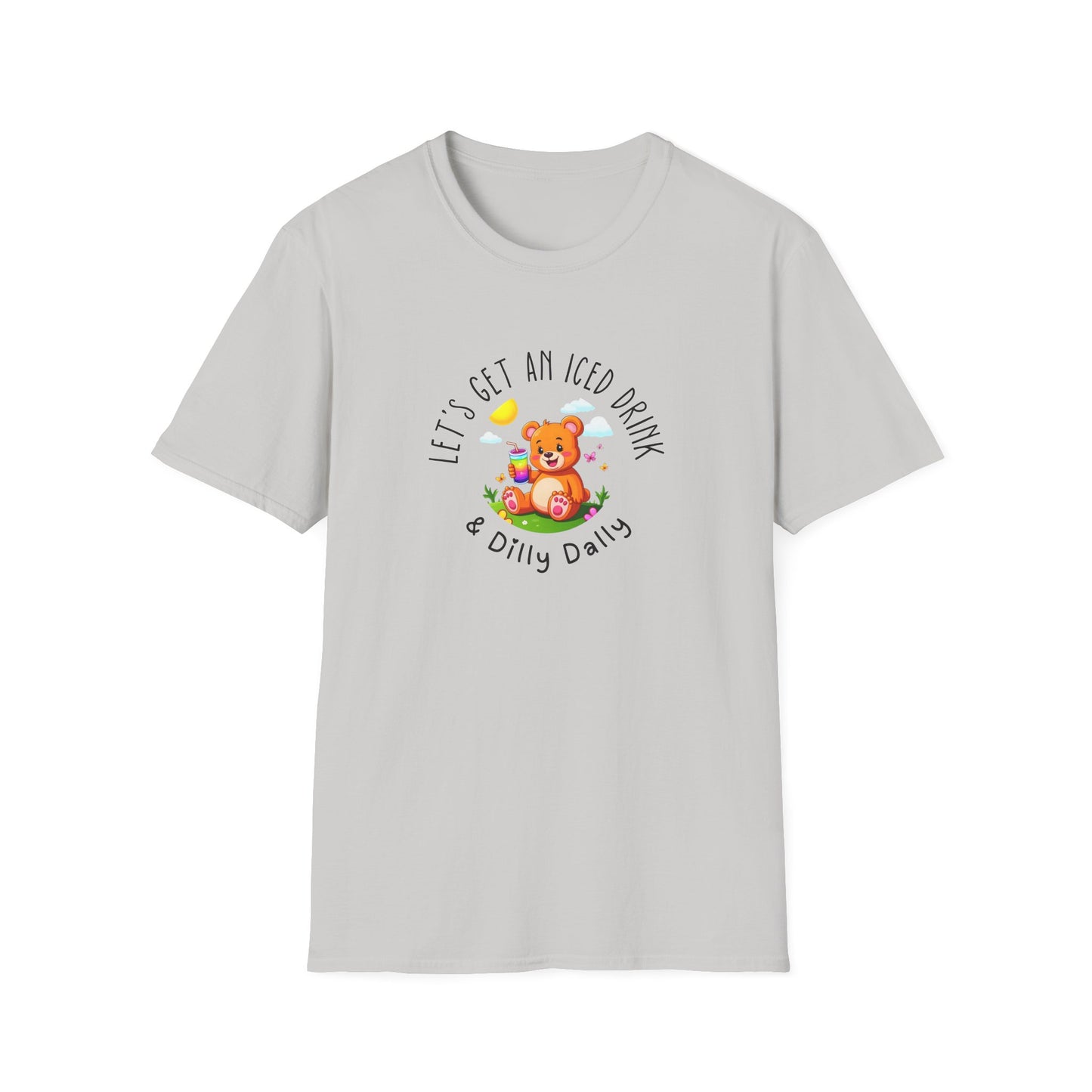 "Let's Get an Iced Drink and Dilly Dally" - T-Shirt, Family Outing Tee, Bear Graphic Top, Gift for Friends, Casual Summer Wear