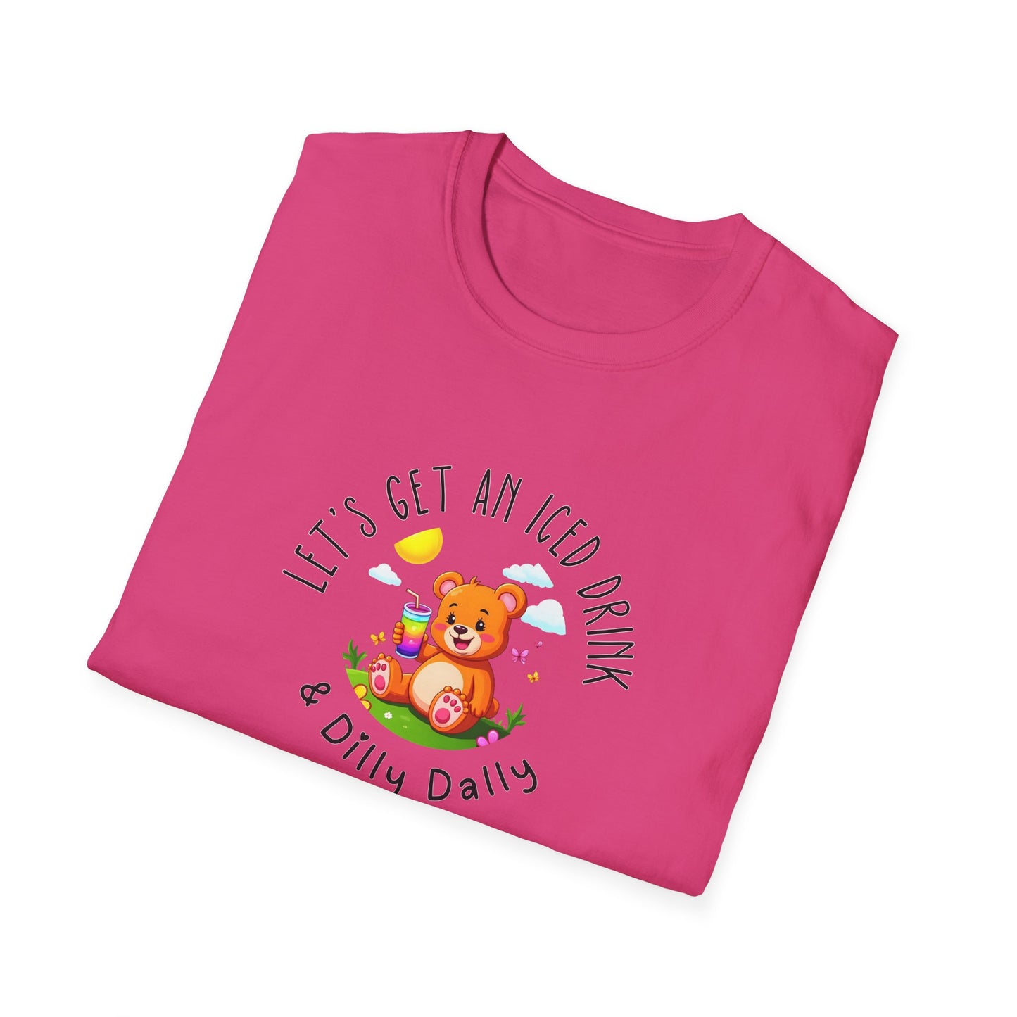 "Let's Get an Iced Drink and Dilly Dally" - T-Shirt, Family Outing Tee, Bear Graphic Top, Gift for Friends, Casual Summer Wear