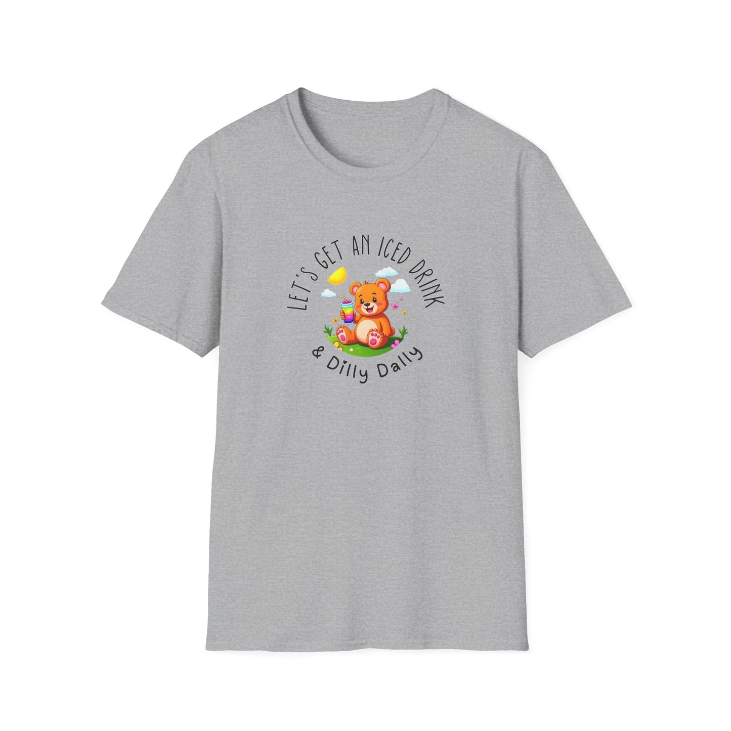 "Let's Get an Iced Drink and Dilly Dally" - T-Shirt, Family Outing Tee, Bear Graphic Top, Gift for Friends, Casual Summer Wear