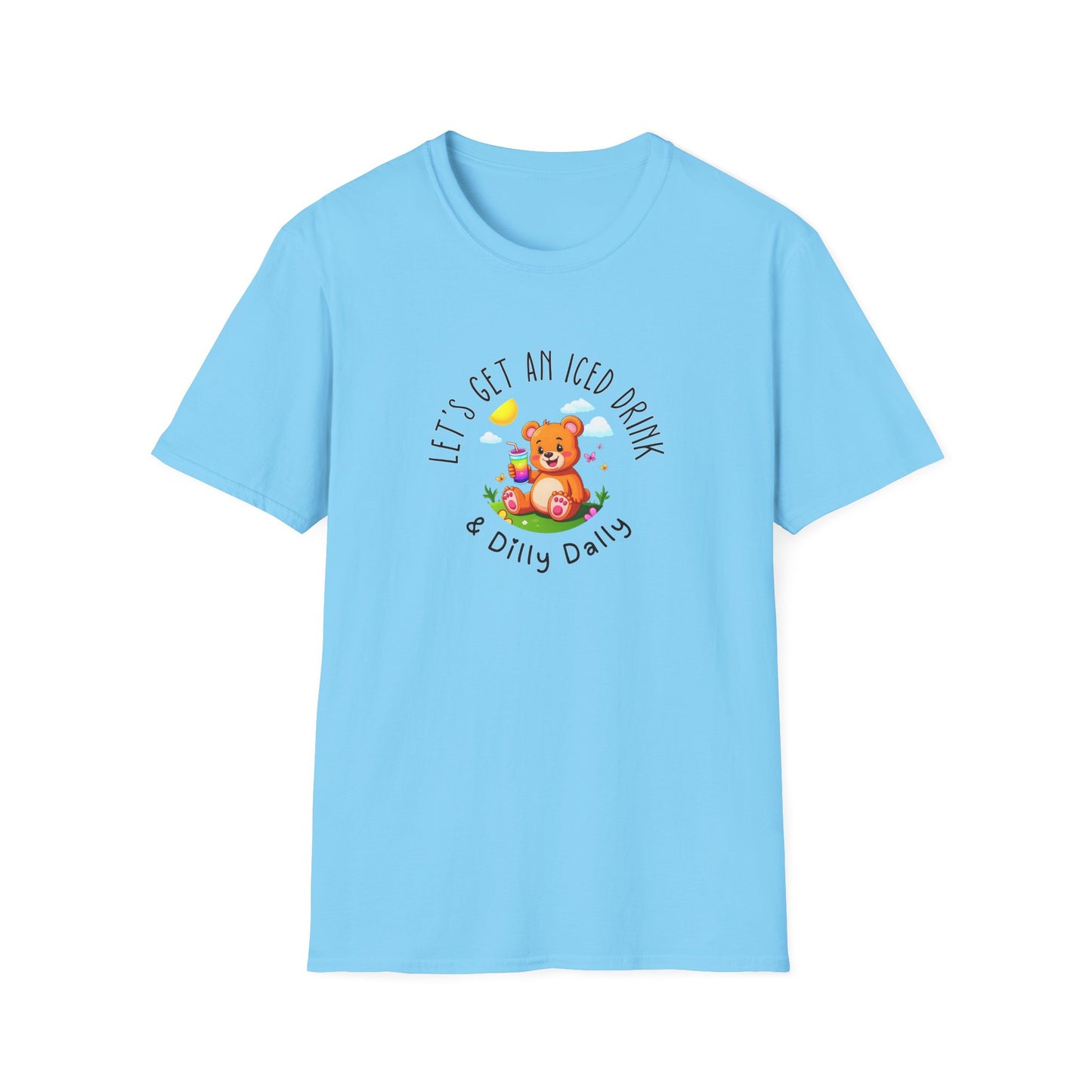 "Let's Get an Iced Drink and Dilly Dally" - T-Shirt, Family Outing Tee, Bear Graphic Top, Gift for Friends, Casual Summer Wear