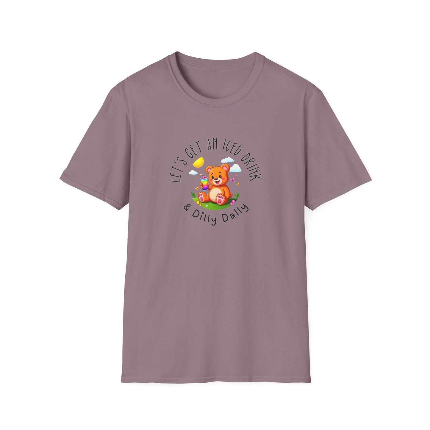 "Let's Get an Iced Drink and Dilly Dally" - T-Shirt, Family Outing Tee, Bear Graphic Top, Gift for Friends, Casual Summer Wear