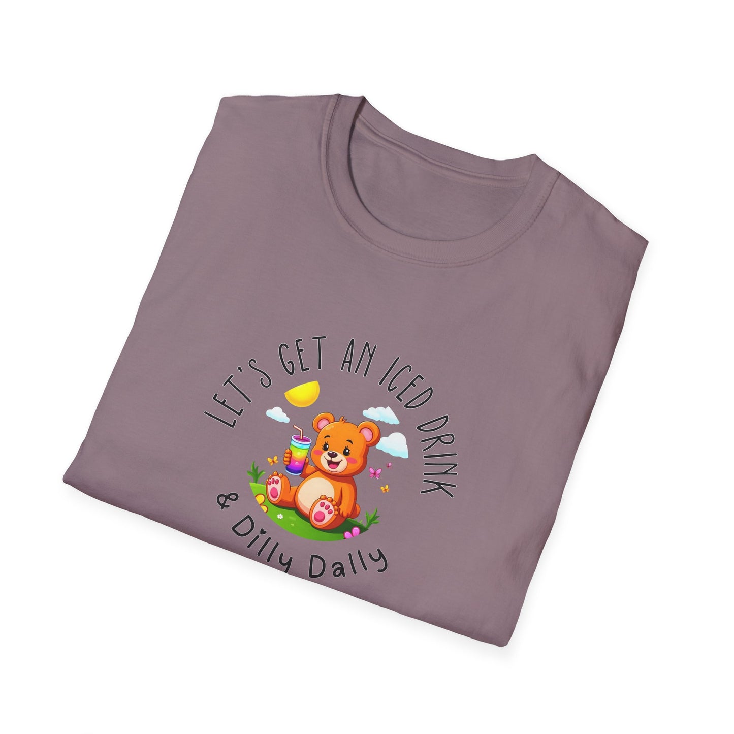 "Let's Get an Iced Drink and Dilly Dally" - T-Shirt, Family Outing Tee, Bear Graphic Top, Gift for Friends, Casual Summer Wear
