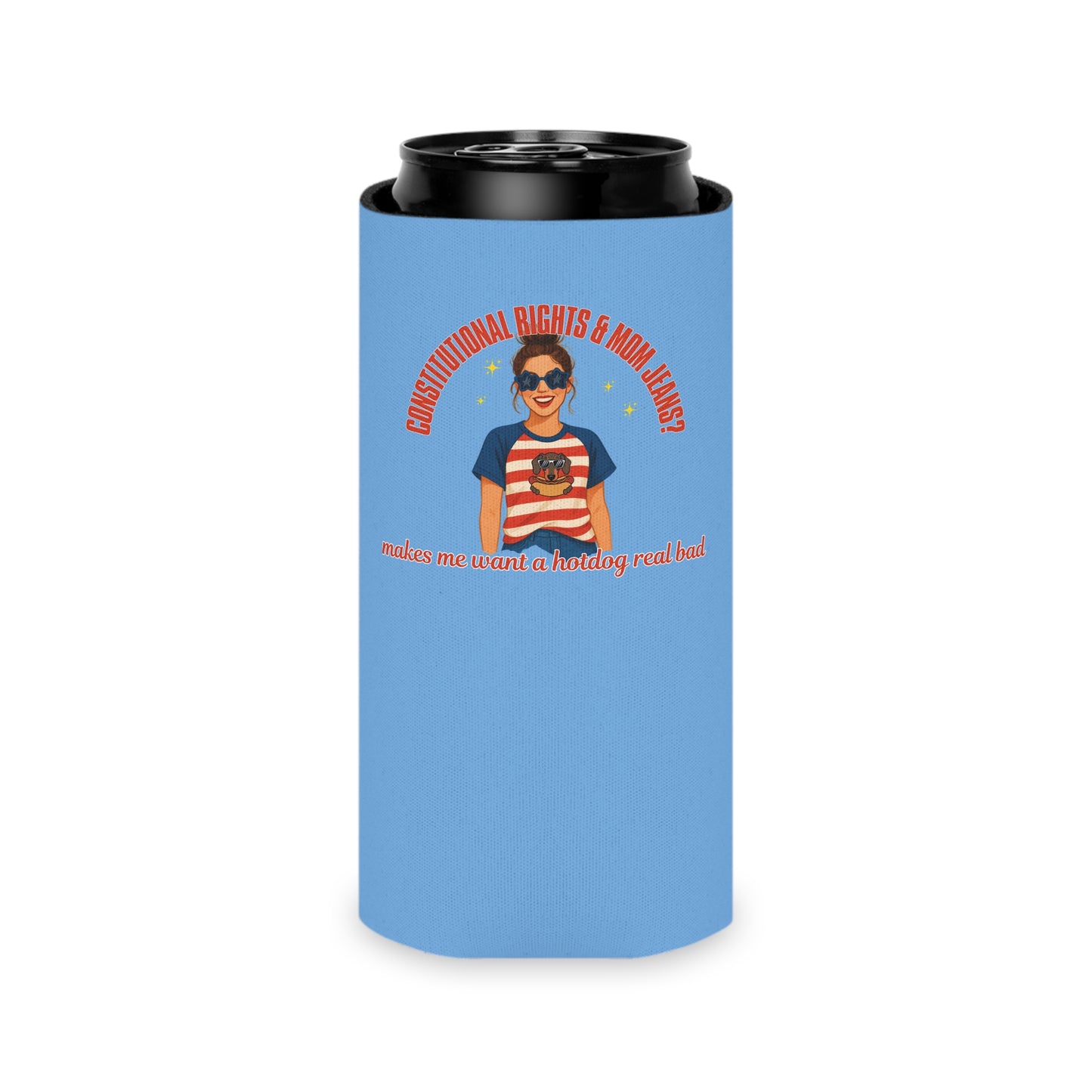 Constitutional Rights & Mom Jeans Retro Mama Funny Design, 4th of July Gift, Hotdog Lover, Patriotic Pun, BBQ Accessory - Slim Can Cooler
