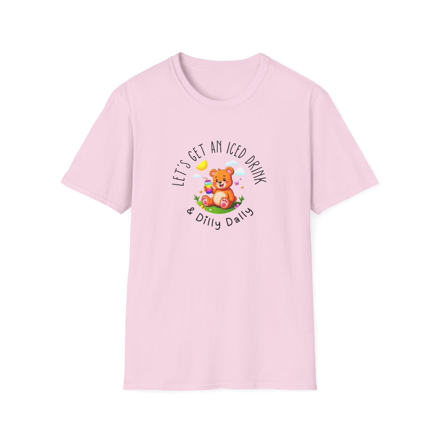 "Let's Get an Iced Drink and Dilly Dally" - T-Shirt, Family Outing Tee, Bear Graphic Top, Gift for Friends, Casual Summer Wear
