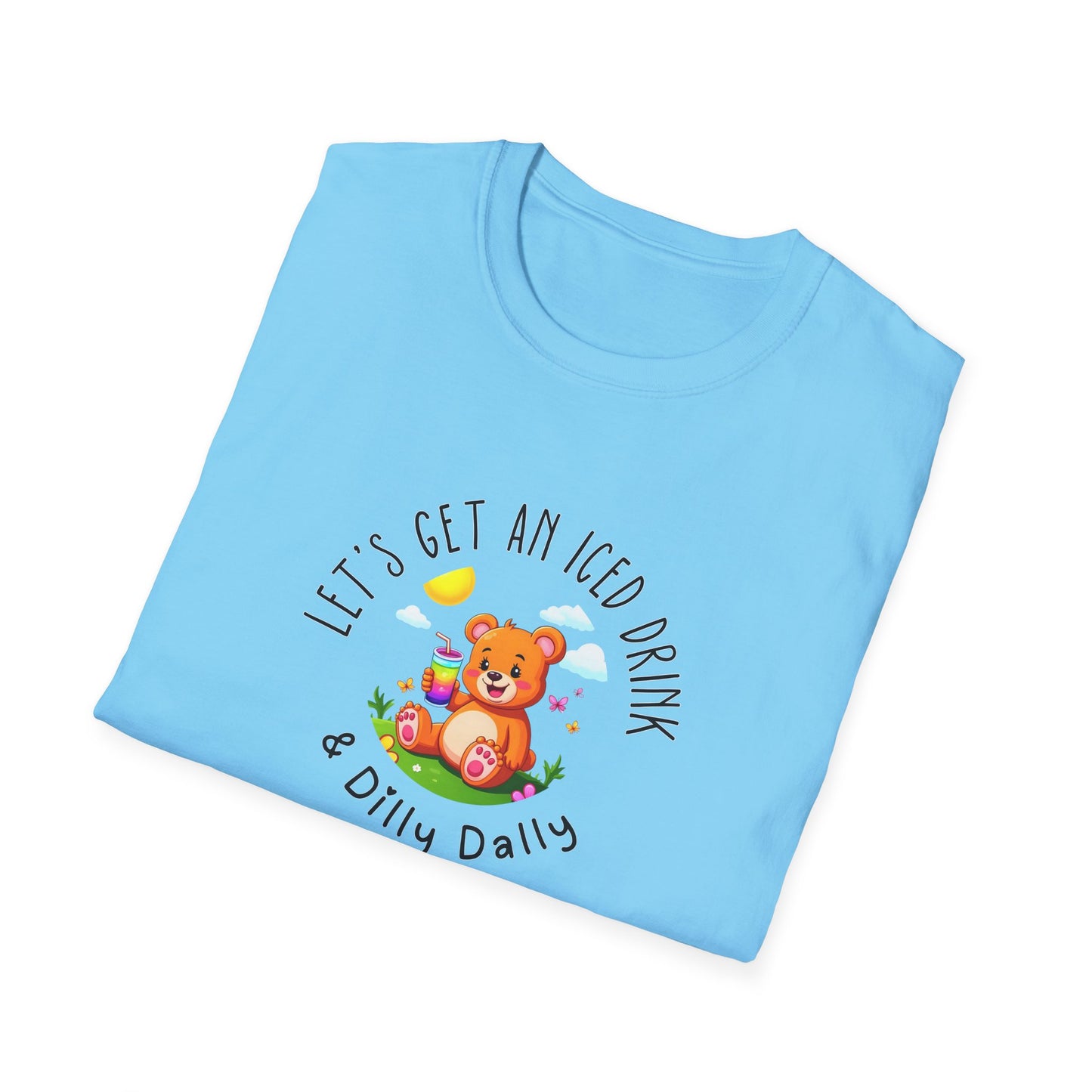 "Let's Get an Iced Drink and Dilly Dally" - T-Shirt, Family Outing Tee, Bear Graphic Top, Gift for Friends, Casual Summer Wear
