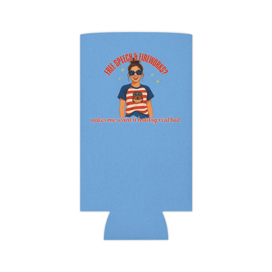 Retro Mama Funny Slim Can Cooler, 4th of July Gift, Patriotic BBQ Accessory, Hotdog Lover, Free Speech & Fireworks Design, Independence Day