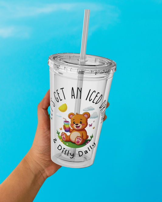 "Let's Get an Iced Drink and Dilly Dally" - Sunsplash Tumbler, Cute Bear Drink Cup, Summer 16oz, Iced Drinks, Fun Summer Vibes
