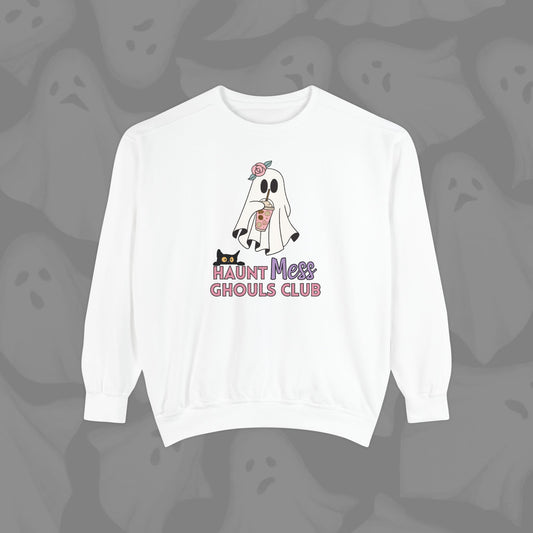 Cat Ghoul Lightweight Sweatshirt, Haunt Mess Unisex Crewneck, Comfort Colors Soft Cotton Top, Halloween Sweater, Ghostly Graphic Jumper