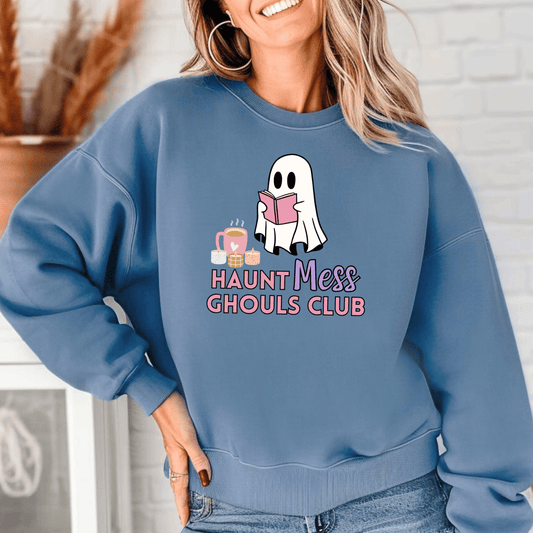 Book Ghoul Crewneck Sweatshirt - Haunt Mess Design - Unisex Garment-Dyed Pullover, Comfort Colors Jumper, Ghost Reader Top, Book Lover Gift,